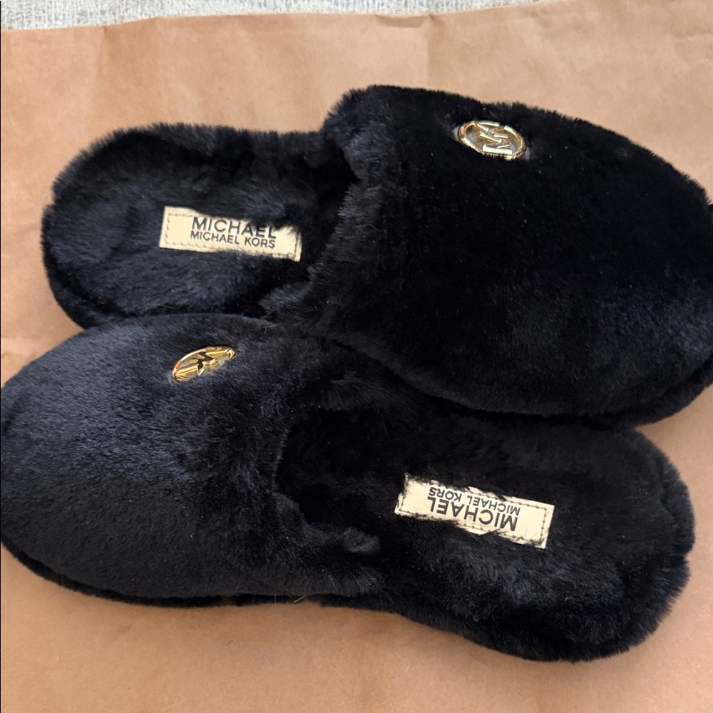 Michael Kors Black Plush Slippers with Gold Emblem NWOT